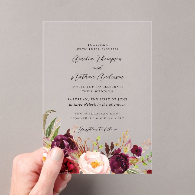 Clear Burgundy Rustic Botanical Florals Wedding Acrylic Invitations (Insitu (Handheld))