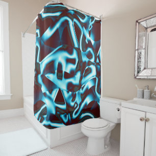 Clear cyan tones in abstract ribbons up dark red shower curtain