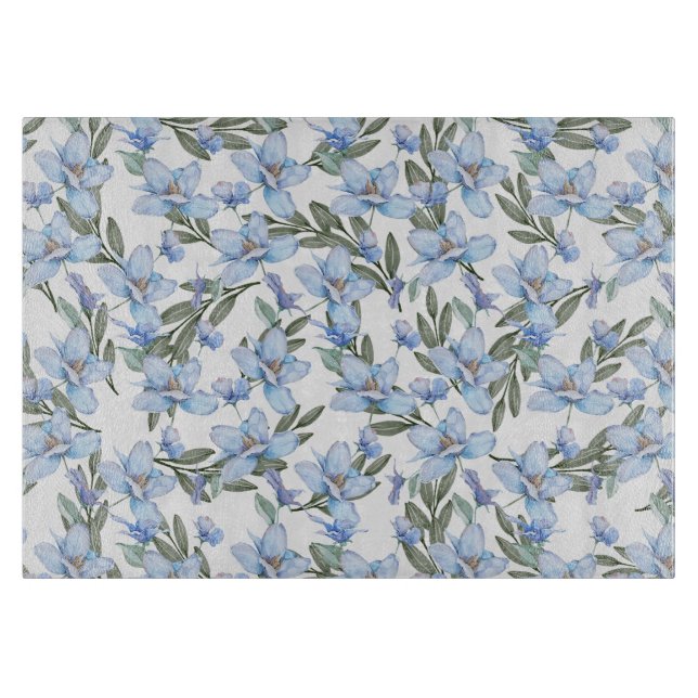 Clear Elegance: Transparent Blue &Green Botanicals Cutting Board (Front)