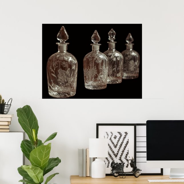Clear Etched Retro Glass Perfume Bottles On a Wall Poster (Home Office)