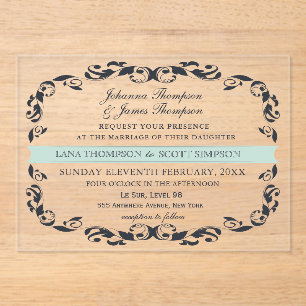 CLEAR Navy Elegant Victorian Filigree Wedding Acrylic Invitations