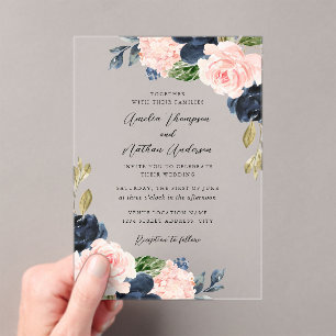 Clear Navy Pink Rustic Botanical Florals Wedding Acrylic Invitations