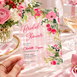 Clear Pink Stripes Winter Floral Bridal Shower Acrylic Invitations