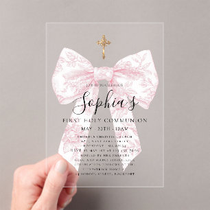 CLEAR Pink Toile Bow Cross Girl First Communion Acrylic Invitations