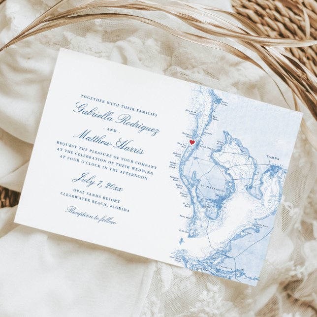 Clearwater Beach FL Elegant Blue Map Wedding Invitation (Clearwater Beach wedding invitations with watercolor Tampa Bay map illustration
)