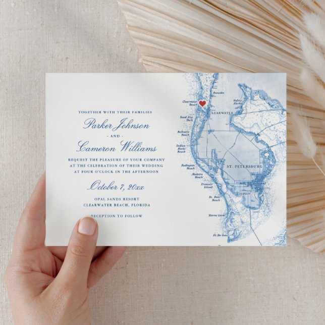 Clearwater Beach FL Map Elegant Blue Wedding Invitation (Clearwater Beach FL Map Wedding Invitation in Elegant Navy Blue from Coastal Map Designs )