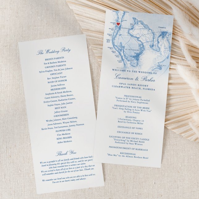 Clearwater Beach FL Map Elegant Navy Blue Wedding Programme (Clearwater Beach FL Wedding Program in Elegant Navy Blue from Coastal Map Designs)