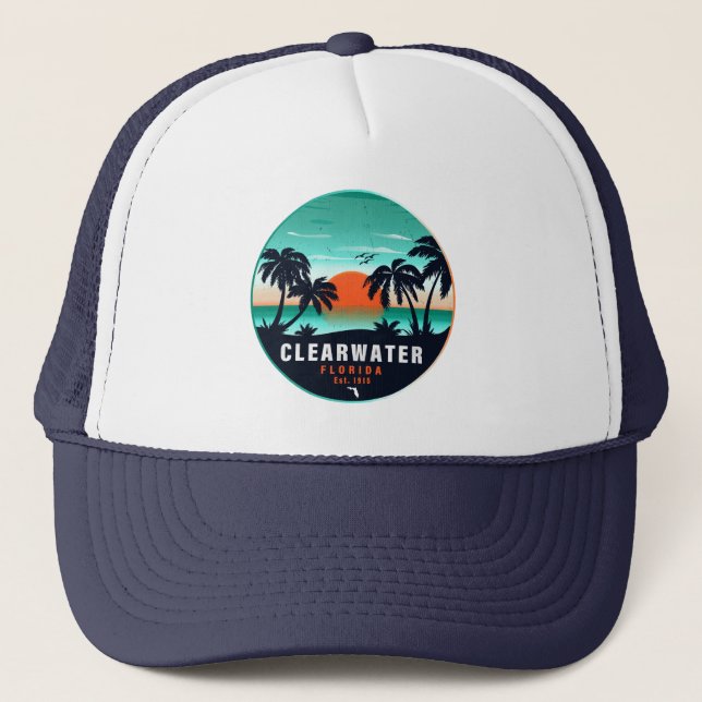 Clearwater Beach Florida Palm Tree Souvenirs 60s Trucker Hat (Front)