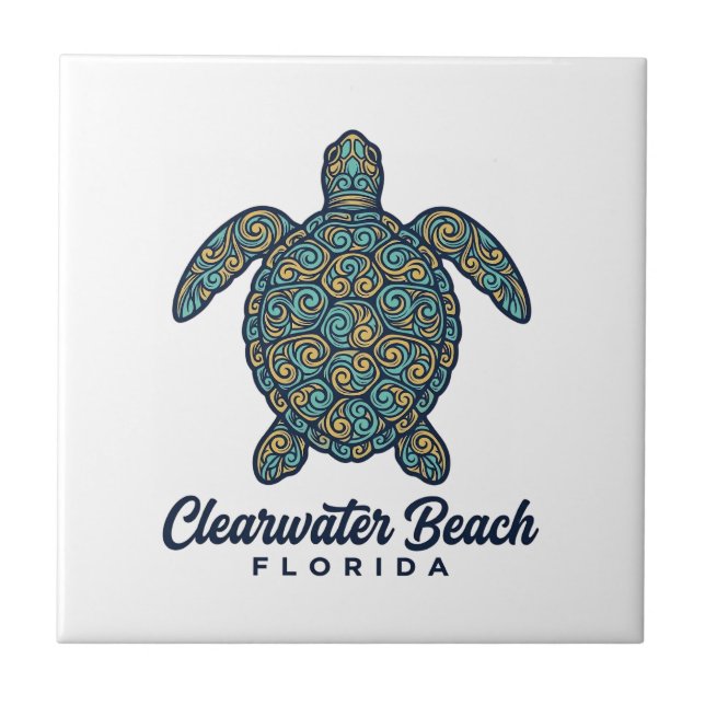 Clearwater Beach Florida Sea Turtle Vector Design_ Tile (Front)