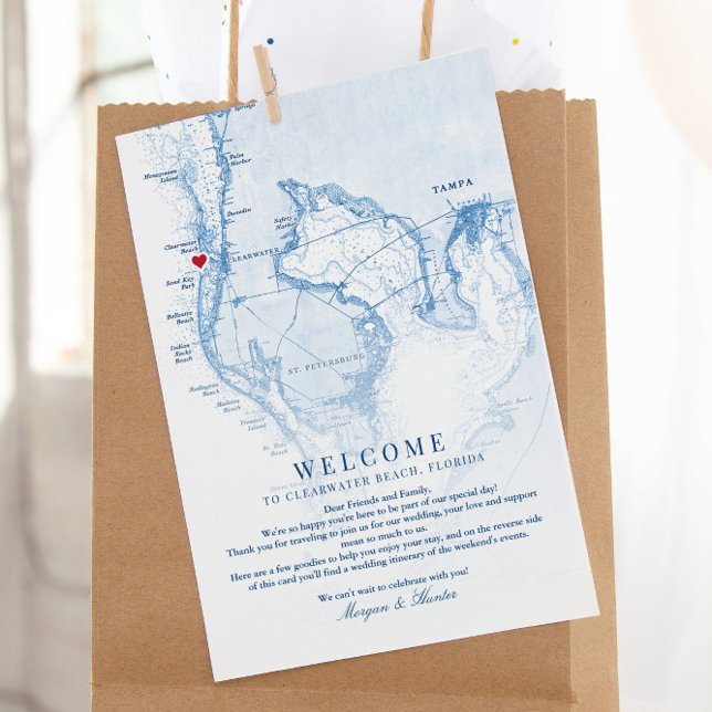Clearwater Beach Florida Wedding Welcome Itinerary Thank You Card (These Clearwater Beach, Florida wedding welcome letters include a weekend events schedule on back)