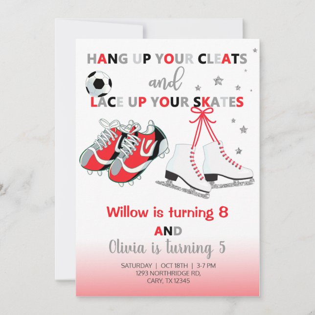 Cleats and skates girls siblings birthday invite. invitation (Front)