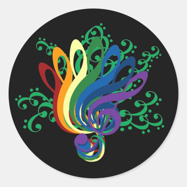 Clef Bouquet on Black Classic Round Sticker (Front)