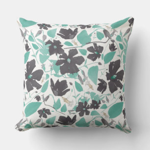 Clematis Floral Grey Teal Watercolor Cushion