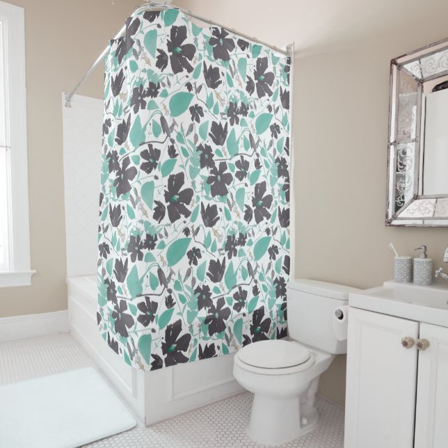 Clematis Floral Pattern Chocolate Mint Shower Curtain (In Situ)