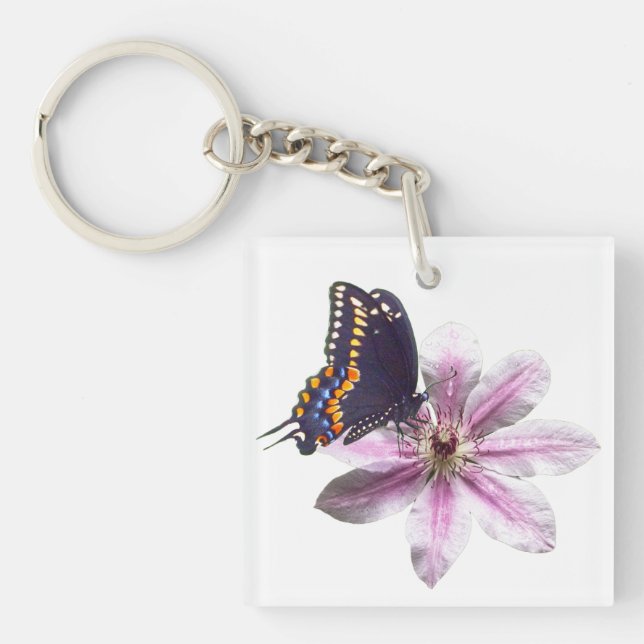 Clematis flower and black swallowtail butterfly key ring (Front)