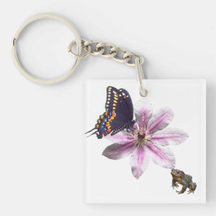 Clematis flower and black swallowtail butterfly key ring