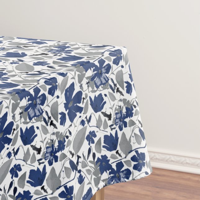 Clematis Flowers Blue Grey Pattern Home Decor Tablecloth (Clematis Vine Elegant Blue Gray Flowers table cloth from Studio Posies. )