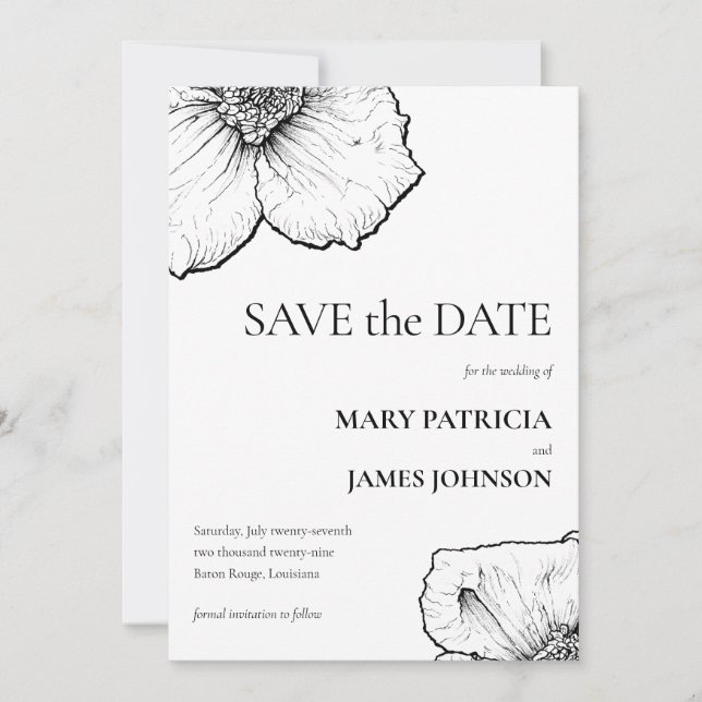 Clematis Line Art Drawing Formal 🌸 Floral Modern Save The Date (Front)
