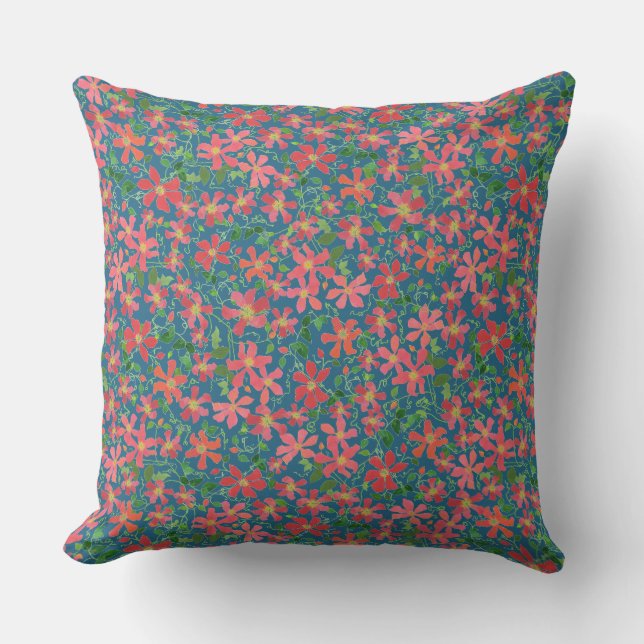 Clematis Pink, Red, Orange Floral on Deep Blue Cushion (Front)
