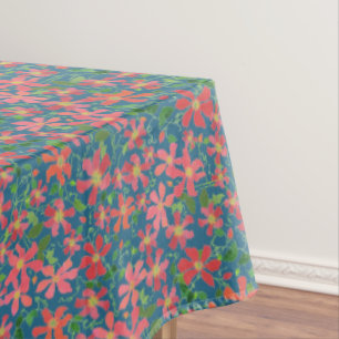 Clematis Pink, Red, Orange Floral on Deep Blue Tablecloth