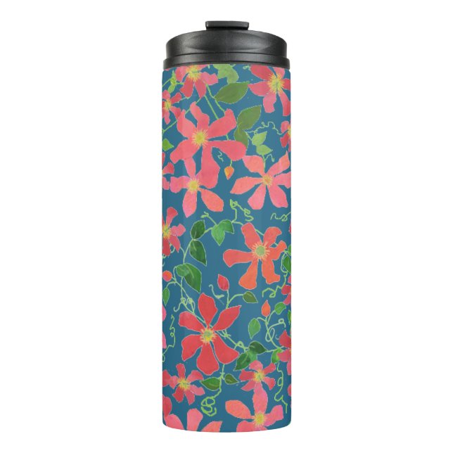 Clematis Pink, Red, Orange Floral on Deep Blue Thermal Tumbler (Front)