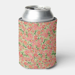 Clematis Pink, Red, Orange Floral Pattern on Taupe Can Cooler