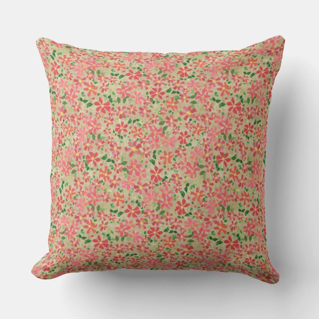 Clematis Pink, Red, Orange Floral Pattern on Taupe Cushion (Front)