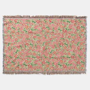 Clematis Pink, Red, Orange Floral Pattern on Taupe Throw Blanket