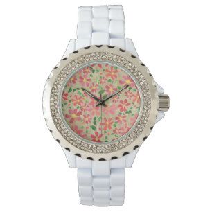 Clematis Pink, Red, Orange Floral Pattern on Taupe Watch