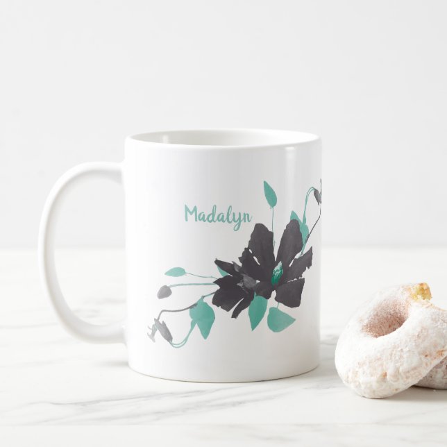 Clematis Teal Watercolor Floral Pattern Name Coffee Mug (With Donut)