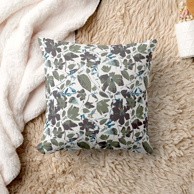 Clematis Vine Elegant Green Blue Floral Cushion (Clematis Vine Elegant Green Blue Floral Home Decor Pillow from Studio Posies.)
