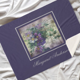 Clematis Vine Handwriting Ephemera Monogram Sherpa Blanket