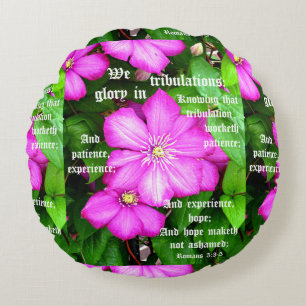 Clematis with Romans 5:3-5 Round Cushion