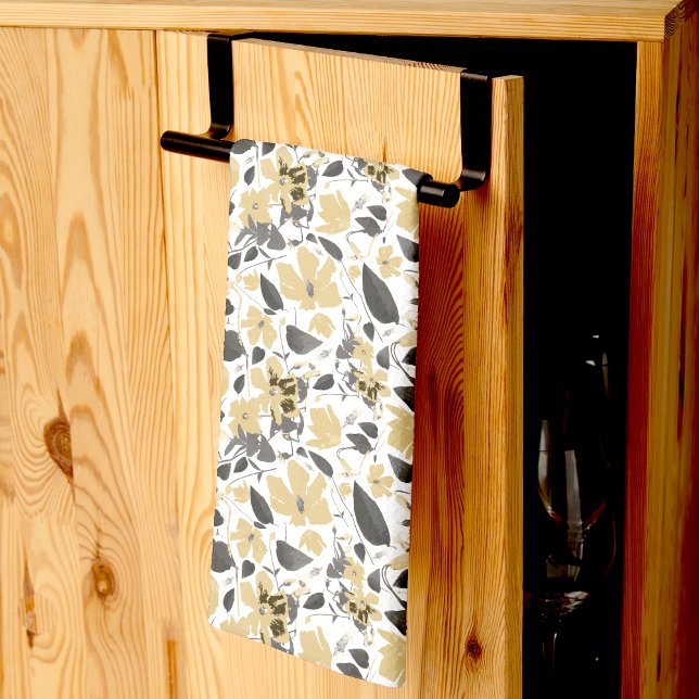 Clematis Yellow Grey Watercolor Flowers Tea Towel (Clematis Yellow Gray Watercolor Flowers Kitchen Towel from Studio Posies)
