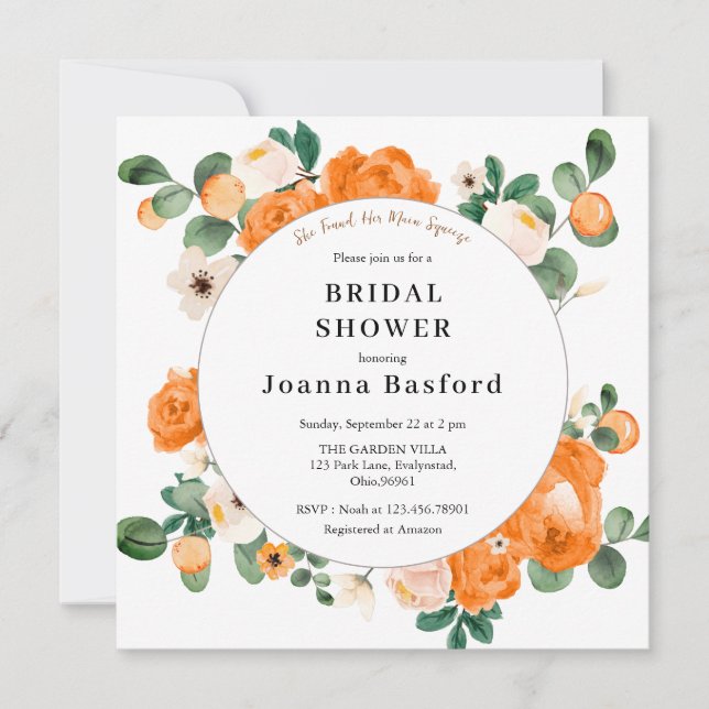 Clementine and Orange White Blossoms Bridal Shower Invitation (Front)