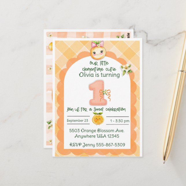 Clementine Cutie first birthday card (Front/Back In Situ)