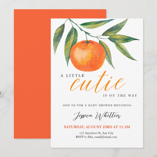 Clementine Watercolor "Cutie" Baby Shower Invitation (Front/Back)