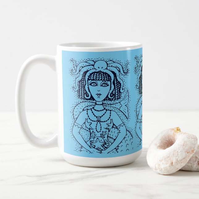 CLEOPATRA OCTOPUS MERMAID, FANTASY GOTH SIREN COFFEE MUG (With Donut)