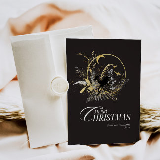 Clessic Floral Deer Custom Photo Christmas Black Holiday Card