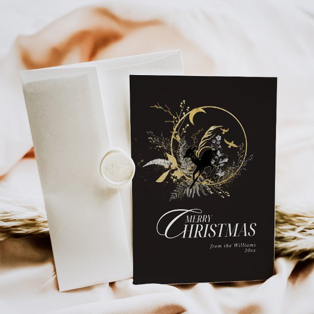 Clessic Floral Deer Custom Photo Christmas Black Holiday Card (Creator Uploaded)