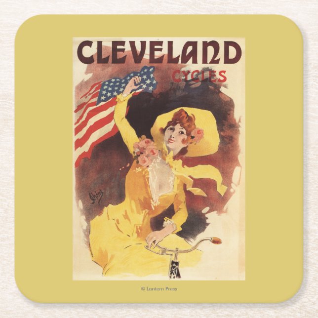 Cleveland Bicycles American Girl in Yellow Square Paper Coaster (Front)