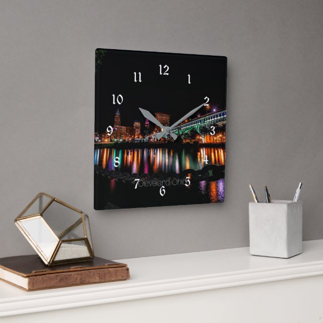 Cleveland Ohio cityscape Square Wall Clock (Office)