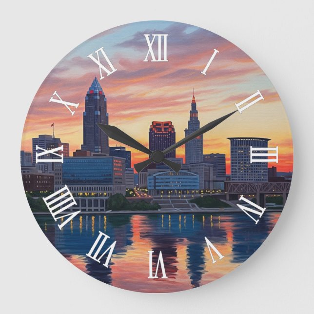 Cleveland Ohio Skyline Sunset Large Clock (Front)