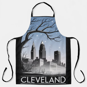 Cleveland Ohio Skyline Winter Woodcut Black&White Apron