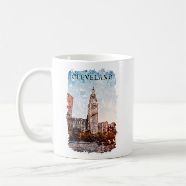 Cleveland Ohio Watercolor City View Coffee Mug (Left)