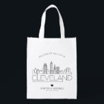 Cleveland, Ohio Wedding | Stylized Skyline Reusable Grocery Bag<br><div class="desc">A unique wedding bag for a wedding taking place in the beautiful city of Cleveland,  Ohio.  This bag features a stylized illustration of the city's unique skyline with its name underneath.  This is followed by your wedding day information in a matching open lined style.</div>