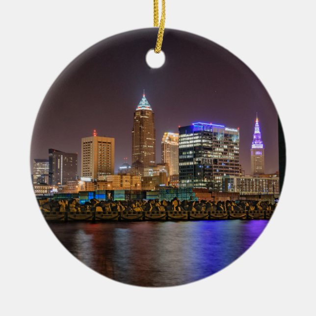 Cleveland Skyline at Night Ceramic Tree Decoration (Front)