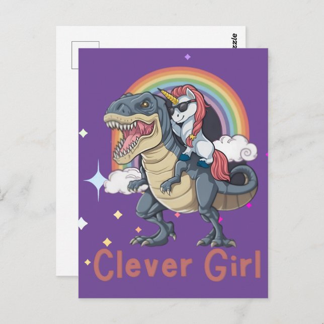 Clever Girl- Unicorn Riding Dinosaur Edition Postcard (Front/Back)