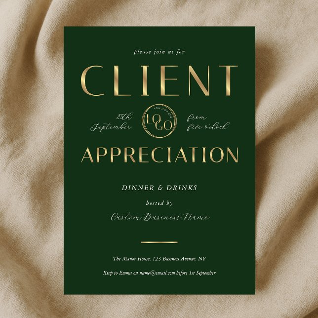 Client Appreciation Day Green & Gold Logo Company Invitation (Creator Uploaded)