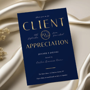 Client Appreciation Day Navy & Gold Logo Company Invitation